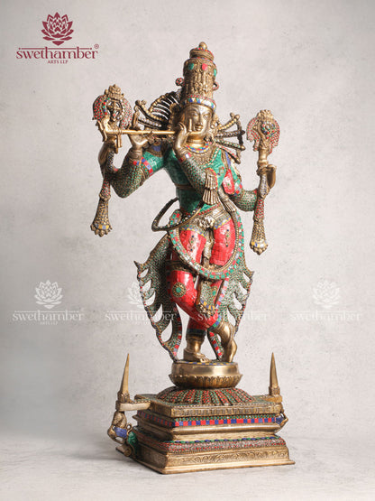 Pure Brass Lord Krishna Statue With Stonework 40"