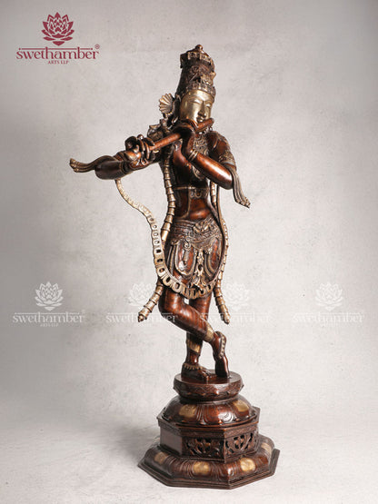 Decorative Antique Brass Krishna Figurine With Colour