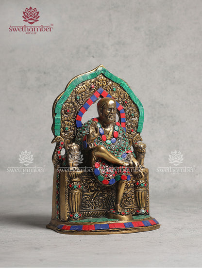 Brass Sai Baba Figurine With Stone Work