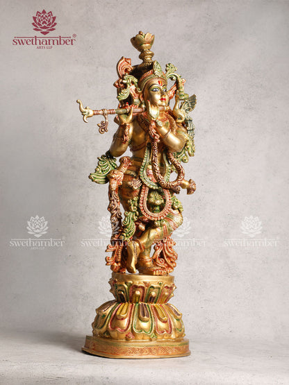 Brass Krishna Idol With Color