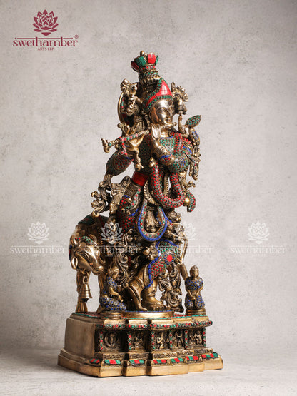 Brass Krishna Cow Home Décor With Stone Work