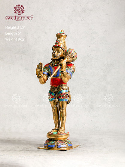 Brass Standing Lord Hanuman Statue With Stone Work