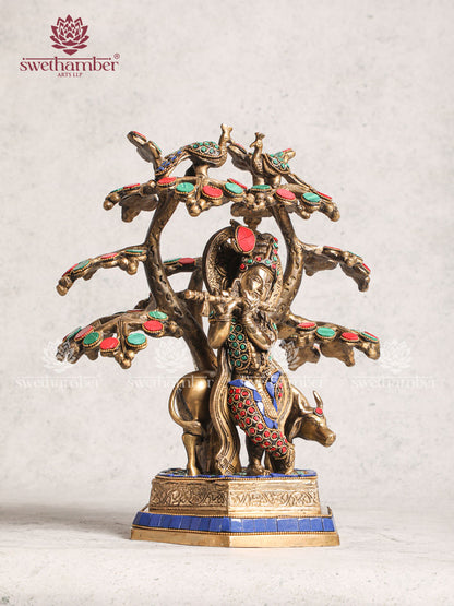 Cow Krishna With Tree Idol Stone Work Multicoloured