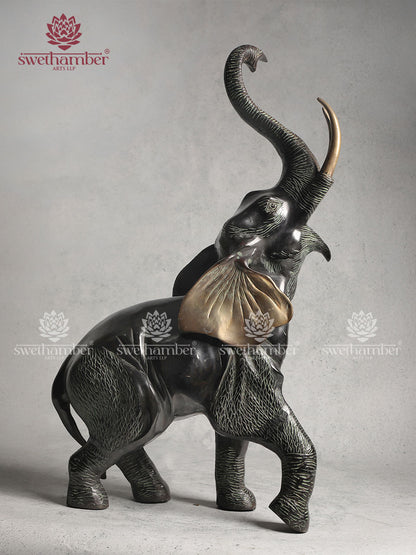 Pure Brass Trunk Up Elephant Statue In Green Patina Finish 28"