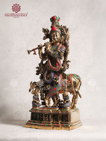 Brass Krishna Cow Home Décor With Stone Work