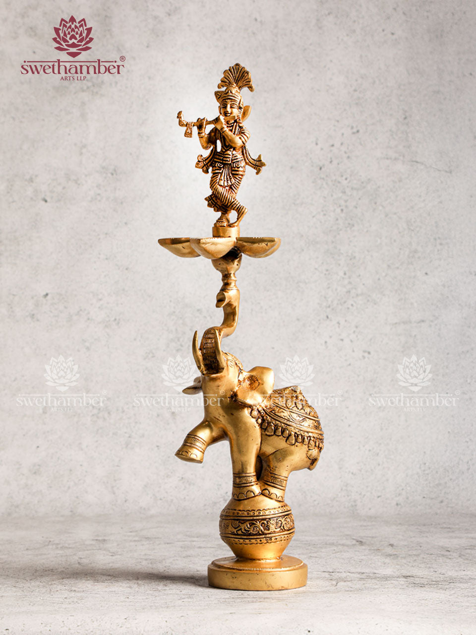 Brass Home Décor Krishna With Elephant Lamp