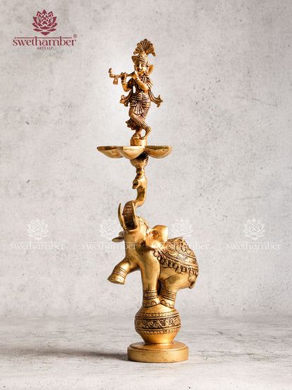 Brass Home Décor Krishna With Elephant Lamp