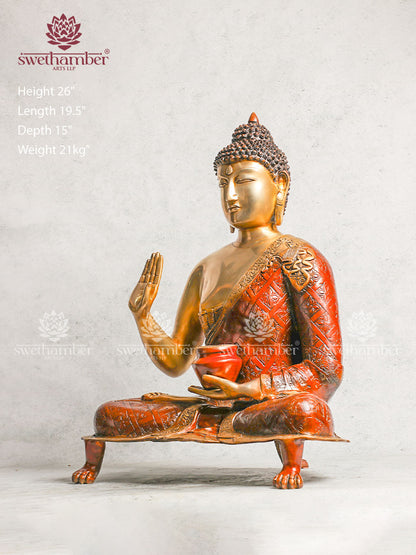Brass Buddha With Blessing Hand - Copper Red Colour For Decoration