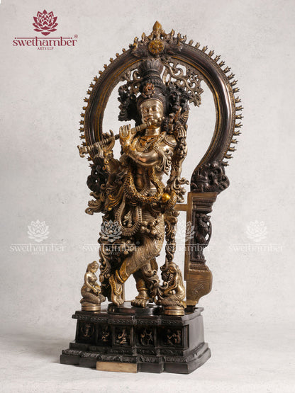 Brass Antique Krishna Statue With Colour