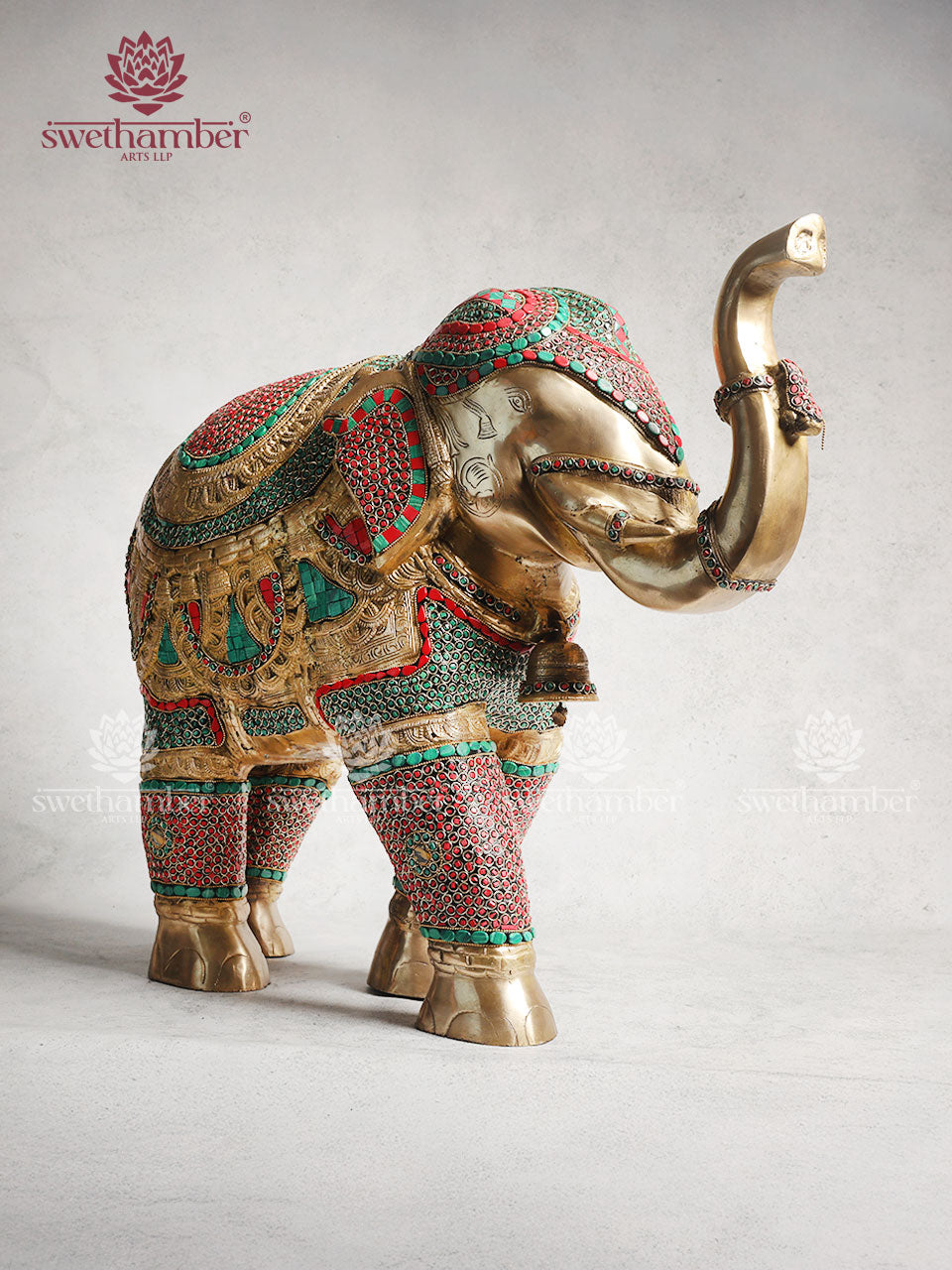 Brass Elephant Statue With Colorful Stones Work 22"