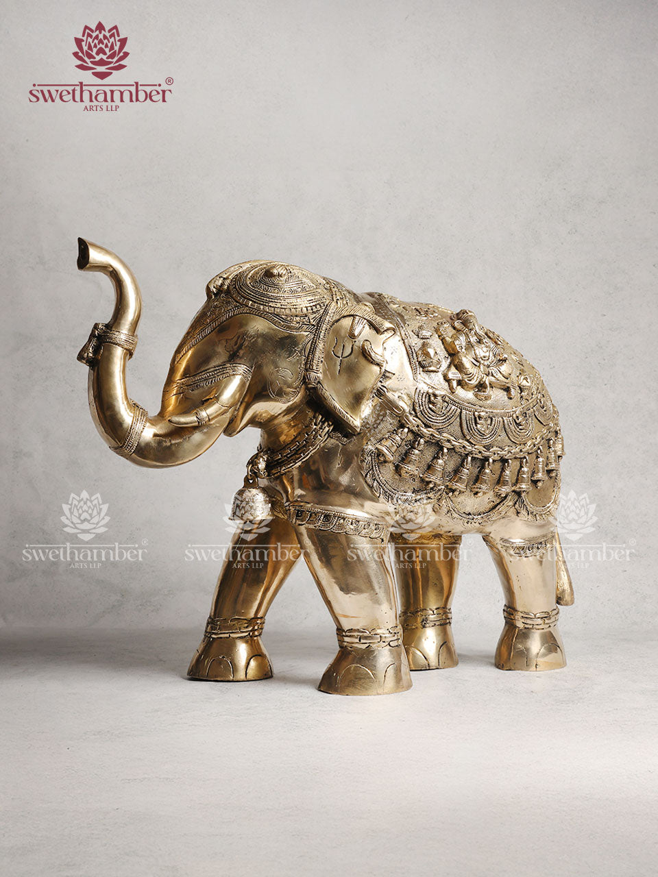 Brass Elephant Statue With Enhanced Carving 21"
