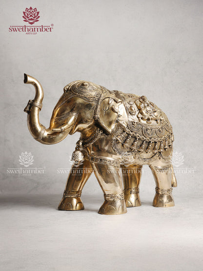 Brass Elephant Statue With Enhanced Carving 21"