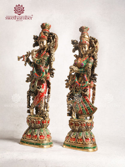 Handcrafted Radha Krishna Brass Idol Antique Finish With Stone Work
