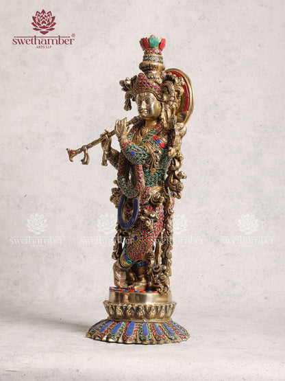 Brass Krishna With Lotus Base Idol With Stone Work