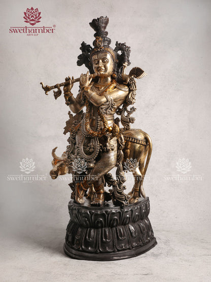 Brass Large Cow Krishna With Three Tone Colour