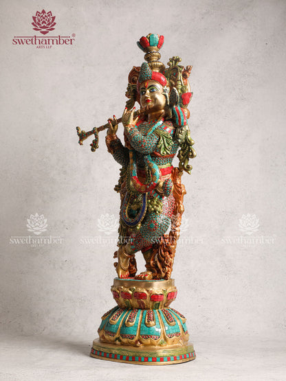 Brass Multicoloured Krishna Statue With Stone Work