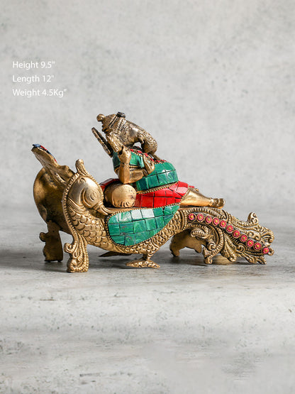 Relaxed Pose Brass Ganesha Statue With Stone Work