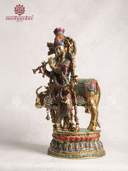 Brass Cow Krishna With Stone Work