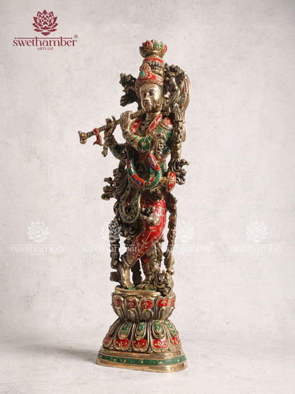 Brass Krishna Idol With Stone Work