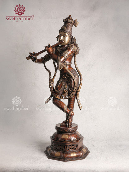 Decorative Antique Brass Krishna Figurine With Colour