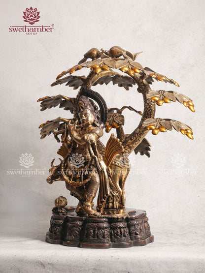 Brass Krishna Cow With Tree 30'