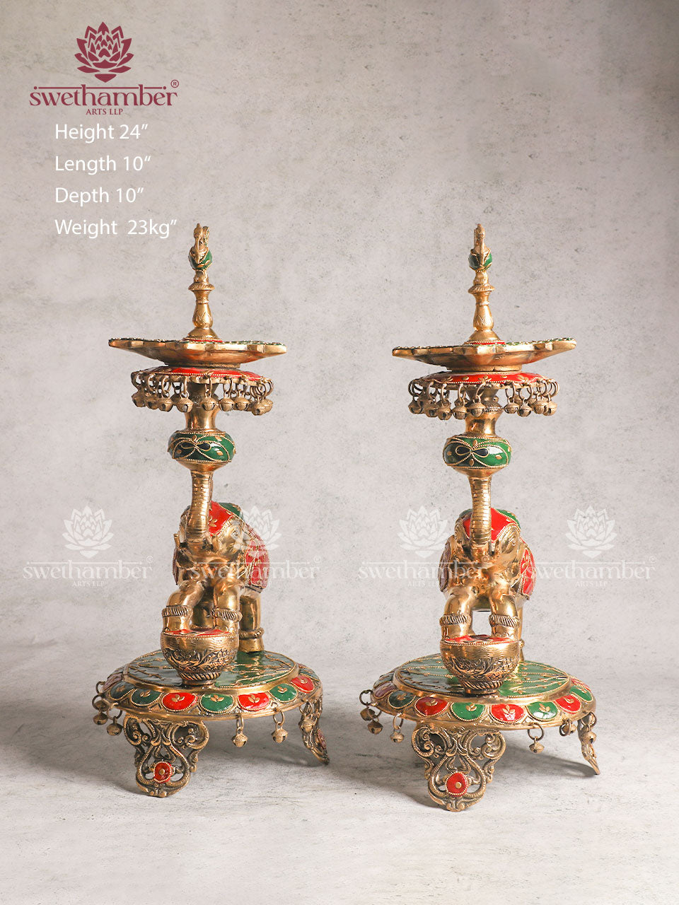 BRASS ELEPHANT LAMP WITH COLOUR WORK