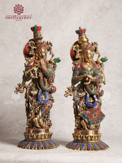 Brass Radha Krishna Idol Lotus Base With Multicoloured Stone Work For Home Décor