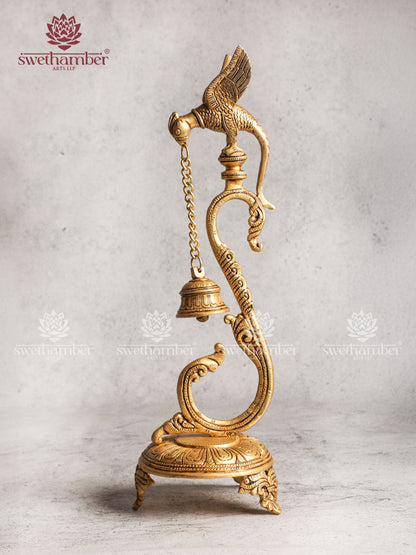 Antique Brass Table / Floor Parrot Lamp Holding Bell