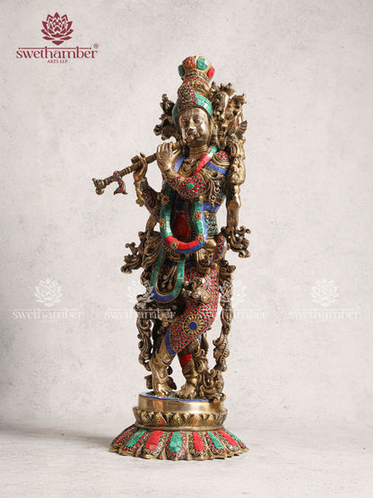 Brass Krishna idol with stone work