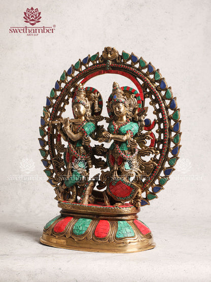 Brass Radha Krishna Statue With Multi Coloured Stone