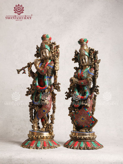 Brass Radha Krishna Idol Lotus Base With Multicoloured Stone Work For Home Décor