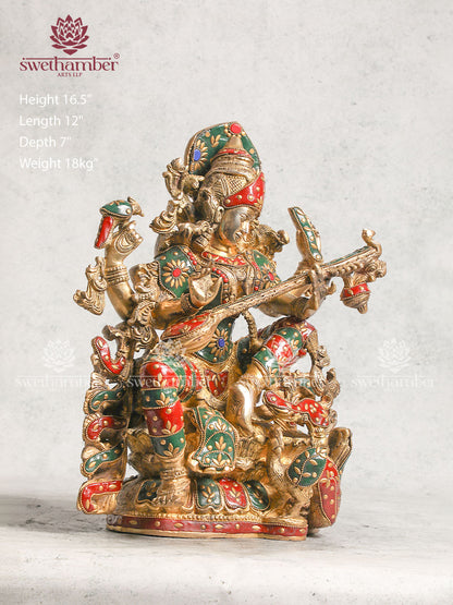 Brass Saraswati Idol for Home Use and Study Rooms