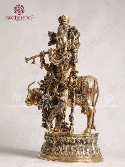 Brass Radha Krishna With Cow Statue