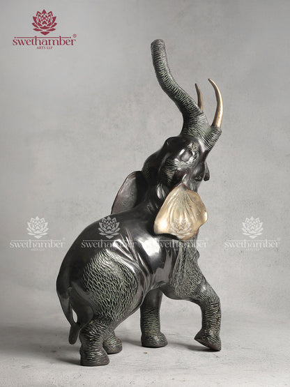 Pure Brass Trunk Up Elephant Statue In Green Patina Finish 28"