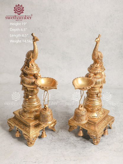 Decorative Brass Peacock Diya With Bell For Décoration And Festival Oil Lamps