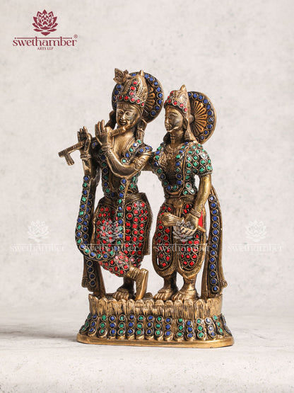 Brass Radha krishna Murti idol With Stone Work