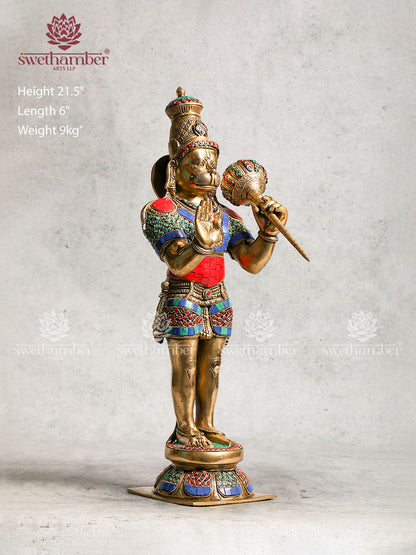 Brass Standing Lord Hanuman Statue With Stone Work