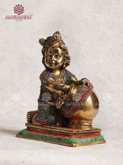 Brass Multicoloured Butter Krishna Statue