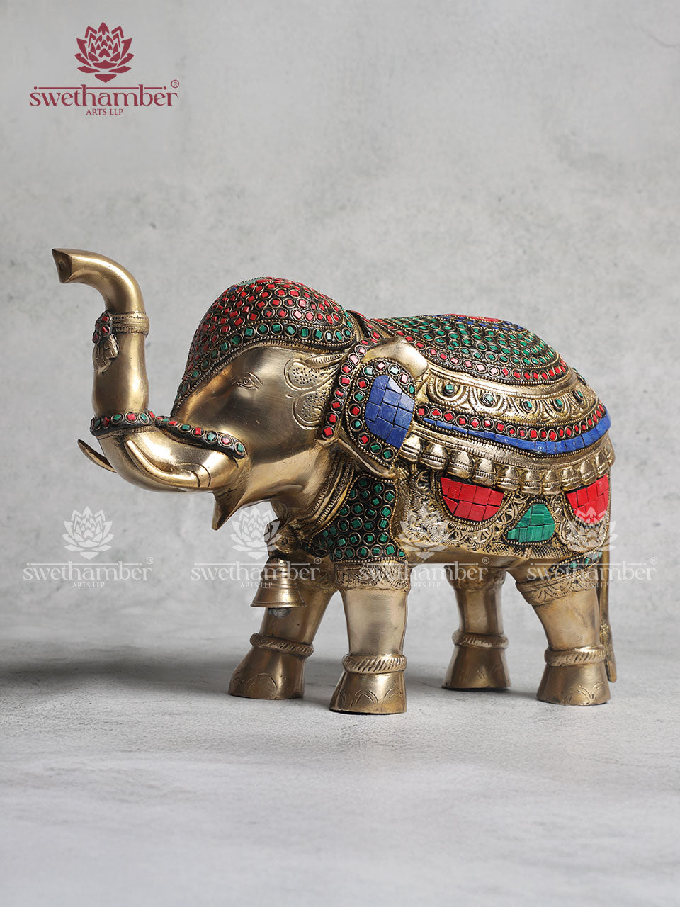 Brass Elephant Statue With Colorful Stones Work 10"