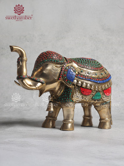 Brass Elephant Statue With Colorful Stones Work 10"