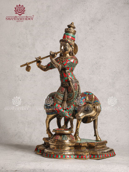 Brass Krishna With Cow Stone Work