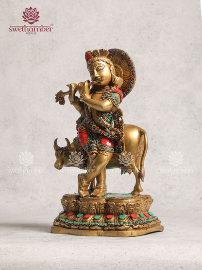 Brass Krishna Cow Home Décor With Stone Work