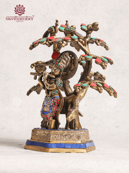 Cow Krishna With Tree Idol Stone Work Multicoloured