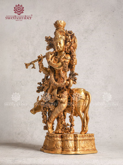 Antique Brass Radha Krishna With Cow