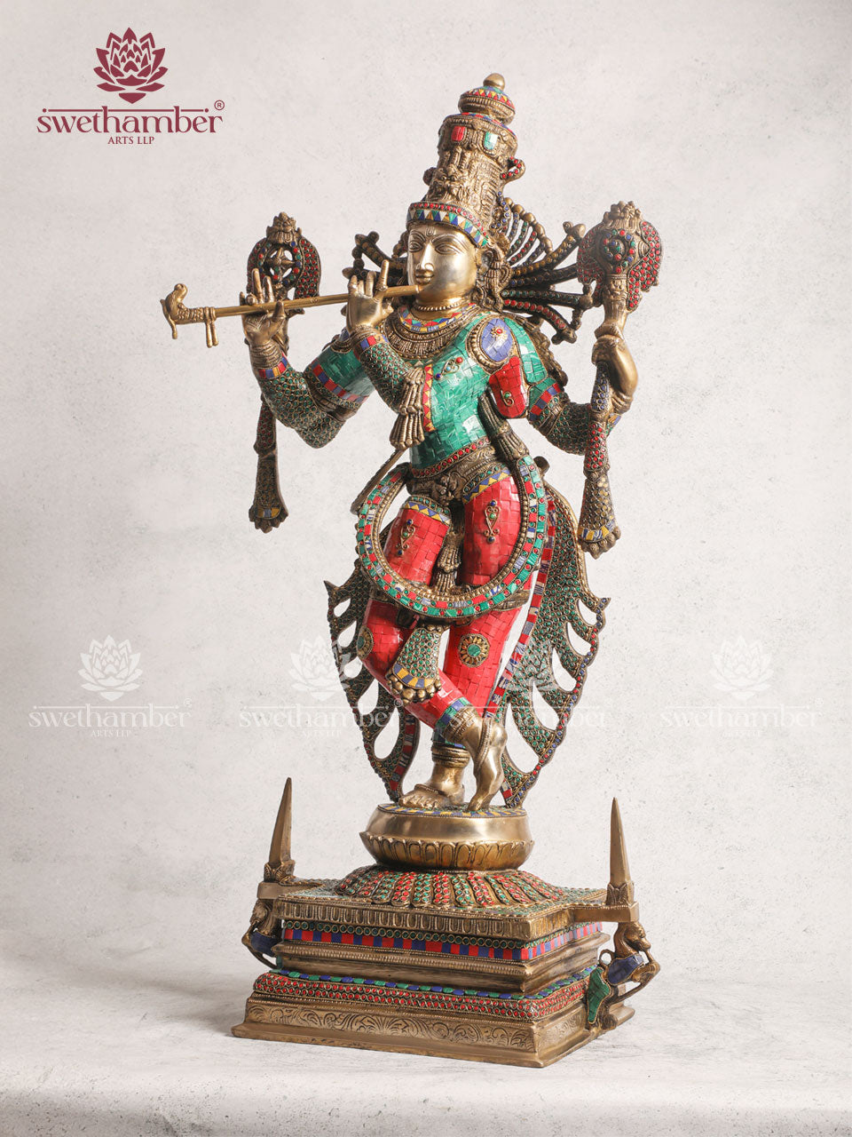Pure Brass Lord Krishna Statue With Stonework 40"