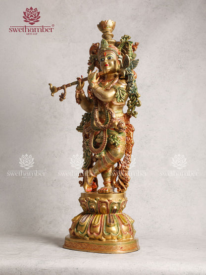 Brass Krishna Idol With Color
