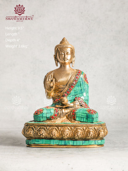 Brass Blessing Buddha with Multicoloured Stone Work