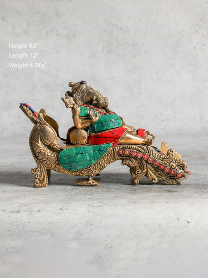 Relaxed Pose Brass Ganesha Statue With Stone Work