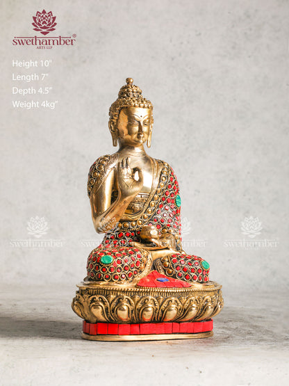 Brass Blessing Buddha With Multicoloured Stone Work
