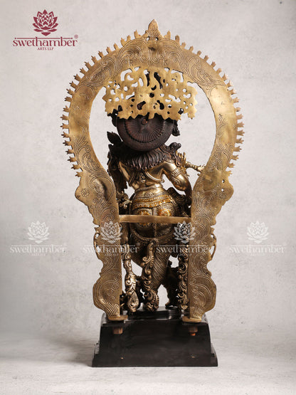 Brass Antique Krishna Statue With Colour
